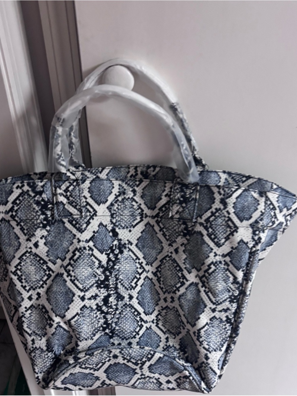 Snake Print Tote Bag in White and Blue